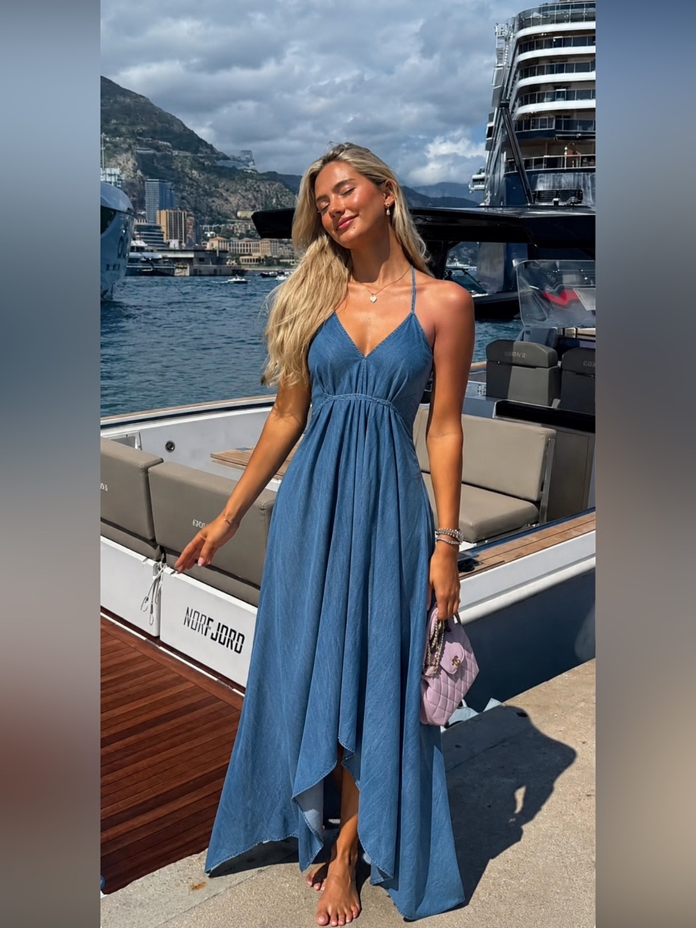 Open back tied waist halter denim maxi dress - Picture 1 of 9